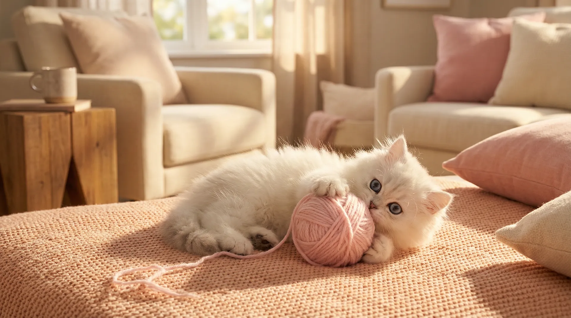 可爱白色小猫玩毛线球 - 人妻かすみさん